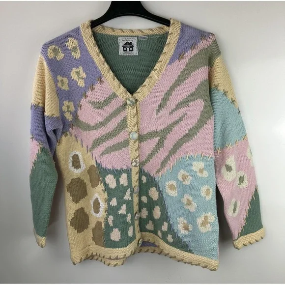 Storybook Knits Patchwork Spring Themed Cardigan Sweater Ramie Cotton Size Large - Picture 16 of 16